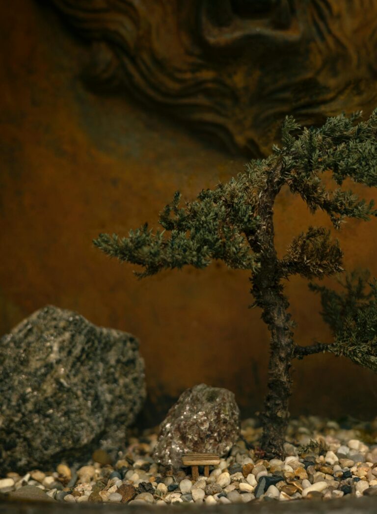Detailed close-up of a miniature bonsai tree with decorative stones on an artistic background.